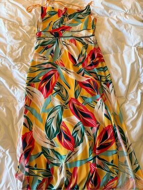 Tropical Yellow Maxi Dress with Red & Green Leaf Print